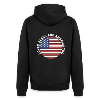 Loves Jesus and America Too God Christian - Unisex Premium Organic Zip Hoodie - black - Back - Nico (187cm)