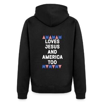 Loves Jesus and America Too God Christian - Unisex Premium Organic Zip Hoodie - black - Back - Nico (187cm)