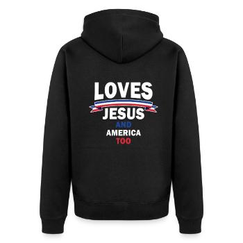 Loves Jesus and America Too God Christian - Unisex Premium Organic Zip Hoodie - black - Back - Nico (187cm)