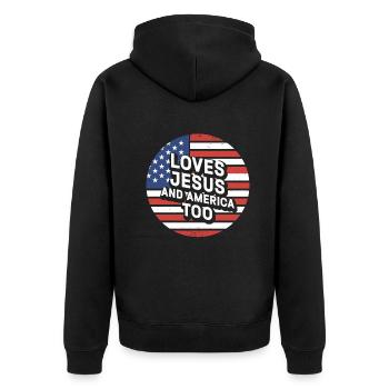 Loves Jesus and America Too God Christian - Unisex Premium Organic Zip Hoodie - black - Back - Nico (187cm)