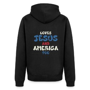 Loves Jesus and America Too God Christian - Unisex Premium Organic Zip Hoodie - black - Back - Nico (187cm)