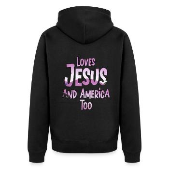 Loves Jesus and America Too God Christian - Unisex Premium Organic Zip Hoodie - black - Back - Nico (187cm)