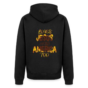 Loves Jesus and America Too God Christian - Unisex Premium Organic Zip Hoodie - black - Back - Nico (187cm)
