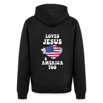 Loves Jesus and America Too God Christian - Unisex Premium Organic Zip Hoodie - black - Back - Nico (187cm)
