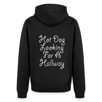 Hot Dog auf der Suche nach einem Flur - Unisex Premium Bio Zip Hoodie - Schwarz - Hinten - Nico (187cm)