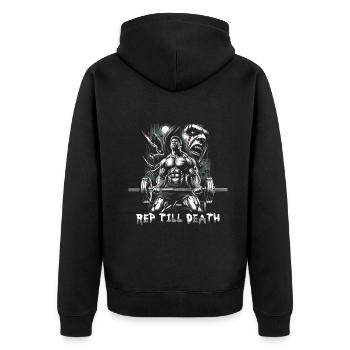 Rep Till Death 80s Slasher Bodybuilding - Unisex Premium Bio Zip Hoodie - Schwarz - Hinten - Nico (187cm)