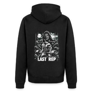 Last Rep 80s Slasher Bodybuilding - Unisex Premium Bio Zip Hoodie - Schwarz - Hinten - Nico (187cm)