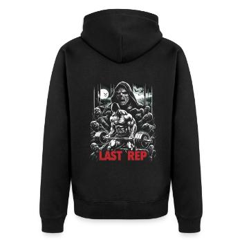 Last Rep 80s Slasher Bodybuilding - Unisex Premium Bio Zip Hoodie - Schwarz - Hinten - Nico (187cm)