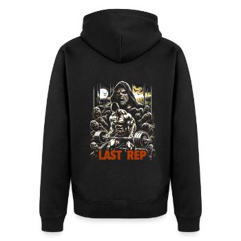 Last Rep 80s Slasher Bodybuilding - Unisex Premium Bio Zip Hoodie - Schwarz - Hinten - Nico (187cm)