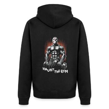 Haunt The Gym 80s Slasher Bodybuilding - Unisex Premium Bio Zip Hoodie - Schwarz - Hinten - Nico (187cm)