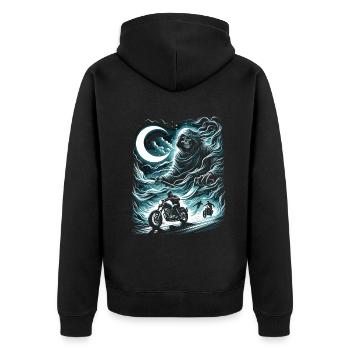 Mystic Moonlight Chase: Slasher on the Prowl - Unisex Premium Bio Zip Hoodie - Schwarz - Hinten - Nico (187cm)