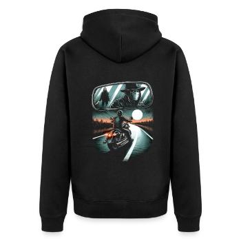 Lone Rider's Lament: Haunting Road Adventure - Unisex Premium Organic Zip Hoodie - black - Back - Nico (187cm)