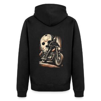 demonic movie Retro Rider's Revenge: Slasher Helme - Unisex Premium Bio Zip Hoodie - Schwarz - Hinten - Nico (187cm)