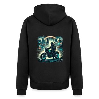 Glowing Road Warrior: Neon Dystopia Ride - Unisex Premium Organic Zip Hoodie - black - Back - Nico (187cm)