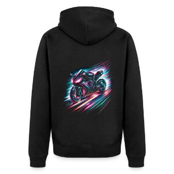 Neon Speed Demon: High-Velocity Light Trails - Unisex Premium Bio Zip Hoodie - Schwarz - Hinten - Nico (187cm)