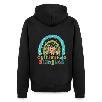 Cultivando Bilingües Spanischlehrer Bekleidung - Unisex Premium Bio Zip Hoodie - Schwarz - Hinten - Nico (187cm)