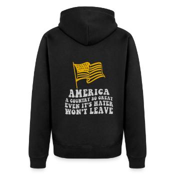 Amerika: Ein Land, das so großartig ist, dass die USA patriotisch sind - Unisex Premium Bio Zip Hoodie - Schwarz - Hinten - Nico (187cm)