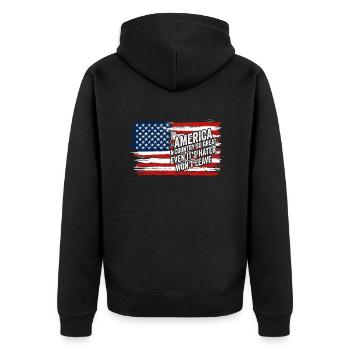 Amerika: Ein Land, das so großartig ist, dass die USA patriotisch sind - Unisex Premium Bio Zip Hoodie - Schwarz - Hinten - Nico (187cm)