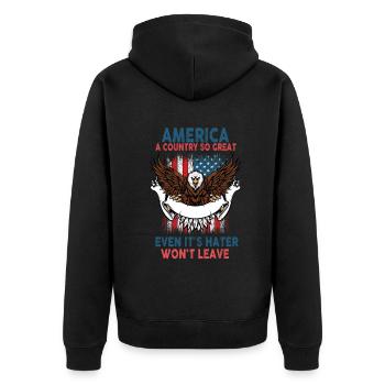 Amerika: Ein Land, das so großartig ist, dass die USA patriotisch sind - Unisex Premium Bio Zip Hoodie - Schwarz - Hinten - Nico (187cm)