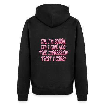 Gleichgültigkeit, Sarkasmus, andere Haltung - Unisex Premium Bio Zip Hoodie - Schwarz - Hinten - Nico (187cm)