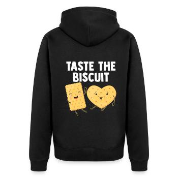 Schmecken Sie den Keks Schmecken Sie die Güte - Unisex Premium Bio Zip Hoodie - Schwarz - Hinten - Nico (187cm)