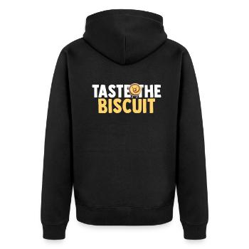 Schmecken Sie den Keks Schmecken Sie die Güte - Unisex Premium Bio Zip Hoodie - Schwarz - Hinten - Nico (187cm)