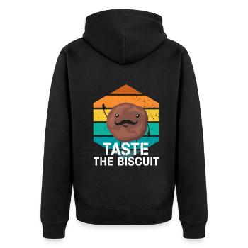 Schmecken Sie den Keks Schmecken Sie die Güte - Unisex Premium Bio Zip Hoodie - Schwarz - Hinten - Nico (187cm)