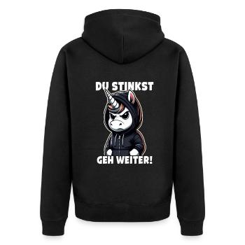 Du stinkst Geh weiter Sarkastisches - Unisex Premium Bio Zip Hoodie - Schwarz - Hinten - Nico (187cm)