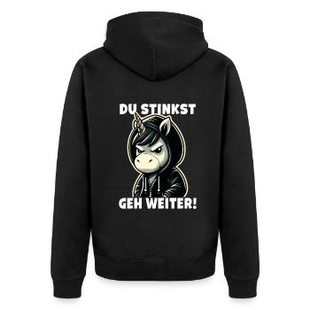Du stinkst Geh weiter Sarkastisches - Unisex Premium Bio Zip Hoodie - Schwarz - Hinten - Nico (187cm)