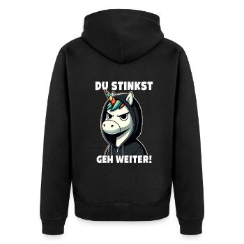 Du stinkst Geh weiter Sarkastisches - Unisex Premium Bio Zip Hoodie - Schwarz - Hinten - Nico (187cm)