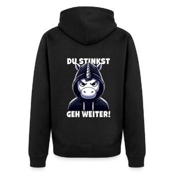 Du stinkst Geh weiter Sarkastisches - Unisex Premium Bio Zip Hoodie - Schwarz - Hinten - Nico (187cm)