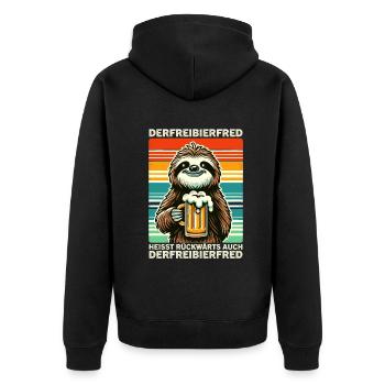 Der Freibier Fred heisst rückwärts Auch Der - Unisex Premium Bio Zip Hoodie - Schwarz - Hinten - Nico (187cm)