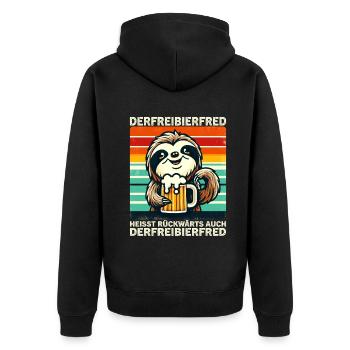Der Freibier Fred heisst rückwärts Auch Der - Unisex Premium Bio Zip Hoodie - Schwarz - Hinten - Nico (187cm)