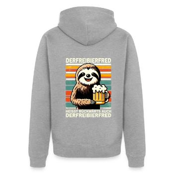 La bière gratuite Fred s’appelle à l’envers, aussi la - Veste à capuche bio Premium Unisexe - gris chiné - Dos - Nico (187cm)