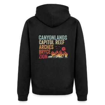 Erkunden Sie die Berge der Utah-Nationalparks - Unisex Premium Bio Zip Hoodie - Schwarz - Hinten - Nico (187cm)