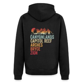 Erkunden Sie die Berge der Utah-Nationalparks - Unisex Premium Bio Zip Hoodie - Schwarz - Hinten - Nico (187cm)