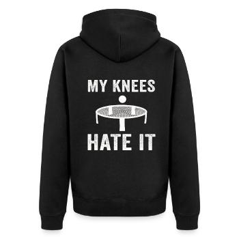 Meine Knie hassen es Roundnet Spike Ball - Unisex Premium Bio Zip Hoodie - Schwarz - Hinten - Nico (187cm)