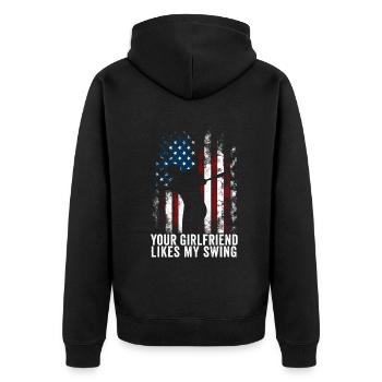 Deine Freundin mag meine Schaukel - Unisex Premium Bio Zip Hoodie - Schwarz - Hinten - Nico (187cm)