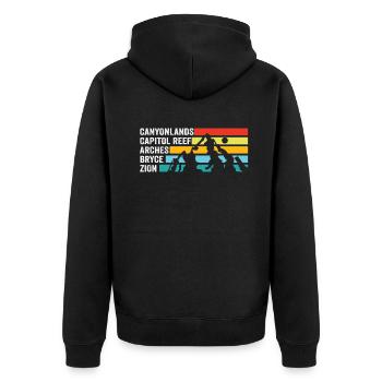 Erkunden Sie die Berge der Utah-Nationalparks - Unisex Premium Bio Zip Hoodie - Schwarz - Hinten - Nico (187cm)