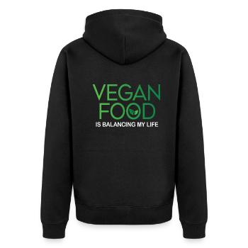 Veganes Essen bringt mein Leben in Einklang - Unisex Premium Bio Zip Hoodie - Schwarz - Hinten - Nico (187cm)