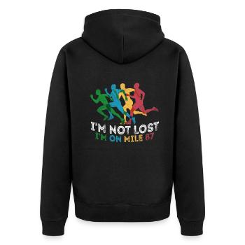 Ich bin nicht verloren, ich bin auf Meile 87 Marathon - Unisex Premium Bio Zip Hoodie - Schwarz - Hinten - Nico (187cm)