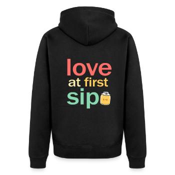 Kombucha-Liebhaber-Liebe auf den ersten Schluck - Unisex Premium Bio Zip Hoodie - Schwarz - Hinten - Nico (187cm)