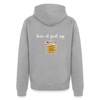 Liebe auf den ersten Schluck Kombucha-Liebhaber - Unisex Premium Bio Zip Hoodie - Grau meliert - Hinten - Nico (187cm)