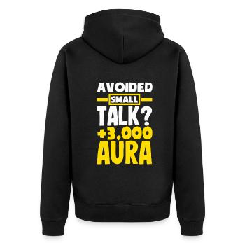Avoided Small Talk? +3000 Aura - Unisex Premium Bio Zip Hoodie - Schwarz - Hinten - Nico (187cm)