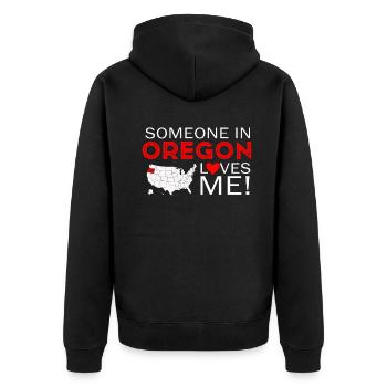 Jemand in Oregon liebt mich - Unisex Premium Bio Zip Hoodie - Schwarz - Hinten - Nico (187cm)
