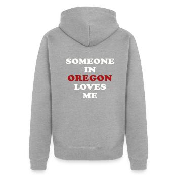 Quelqu’un dans l’Oregon m’aime - Veste à capuche bio Premium Unisexe - gris chiné - Dos - Nico (187cm)
