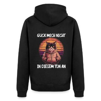 Lustiger Katzen Spruch Guck mich nicht in diesem - Unisex Premium Bio Zip Hoodie - Schwarz - Hinten - Nico (187cm)
