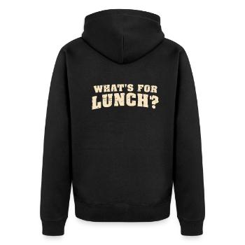 Was gibt es zum Mittagessen? - Unisex Premium Bio Zip Hoodie - Schwarz - Hinten - Nico (187cm)