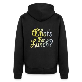 Was gibt es zum Mittagessen? - Unisex Premium Bio Zip Hoodie - Schwarz - Hinten - Nico (187cm)