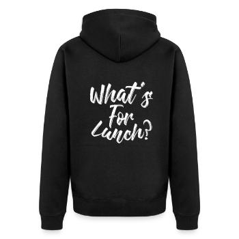 Was gibt es zum Mittagessen? - Unisex Premium Bio Zip Hoodie - Schwarz - Hinten - Nico (187cm)